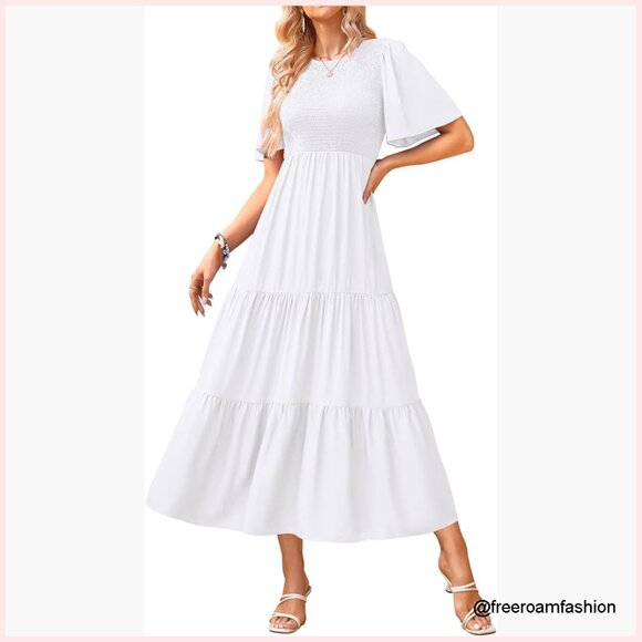 Smocked Midi Dress with Flutter Sleeves A-Line Silhouette Rayon Fabric